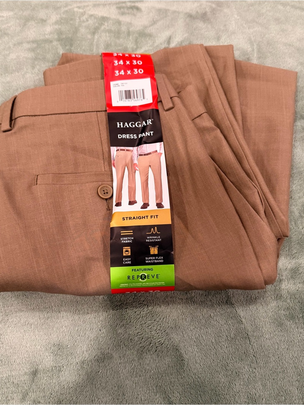 Haggar Men’s Straight Fit Dress Pants Tan 34x30 Stretch Wrinkle Resistant NWT